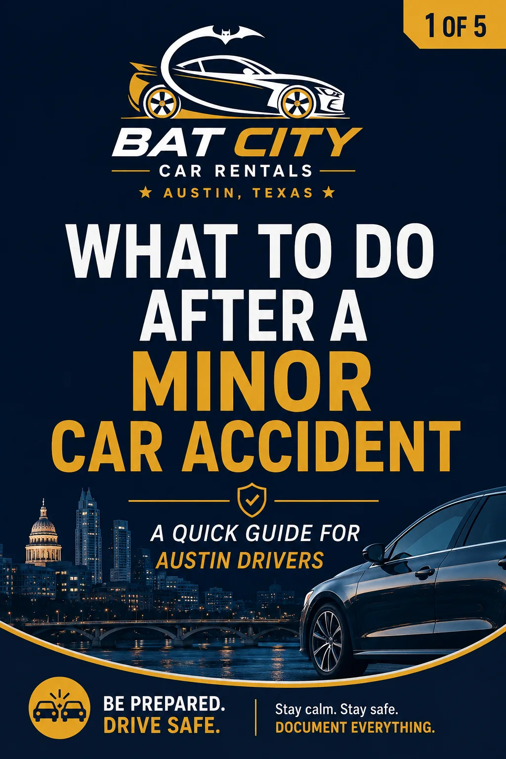 Bat City Rentals guide titled What to Do After a Minor Car Accident for Austin drivers