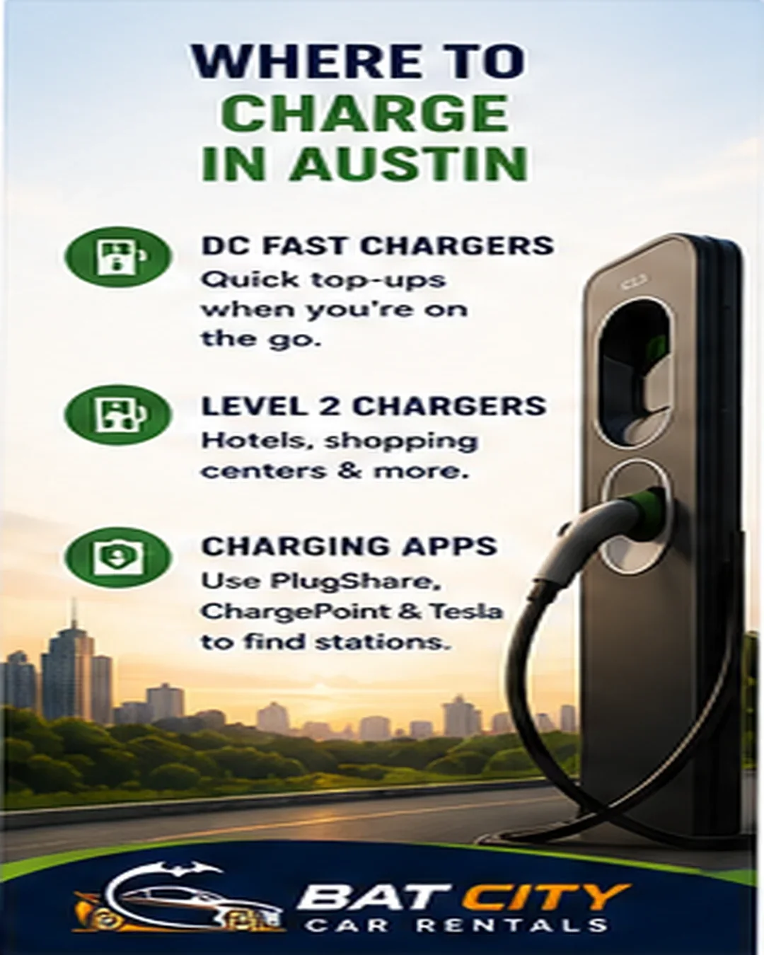 Where to charge an electric vehicle rental around Austin.