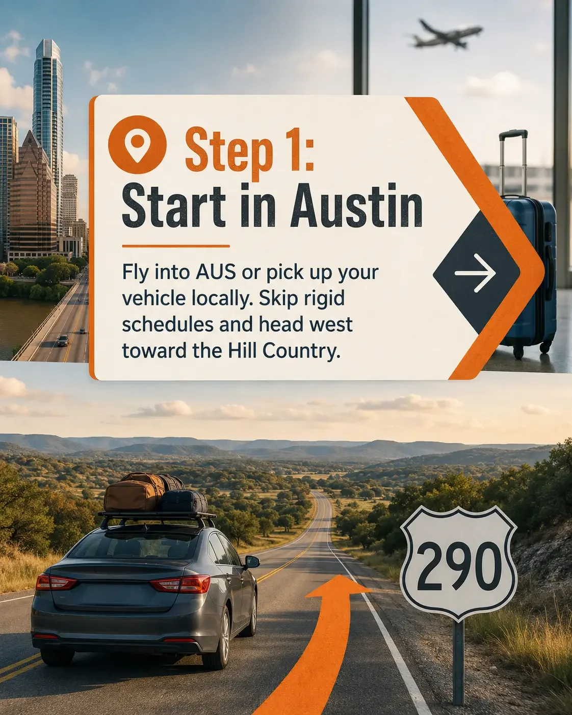 Starting an Austin to Fredericksburg road trip in a rental car.